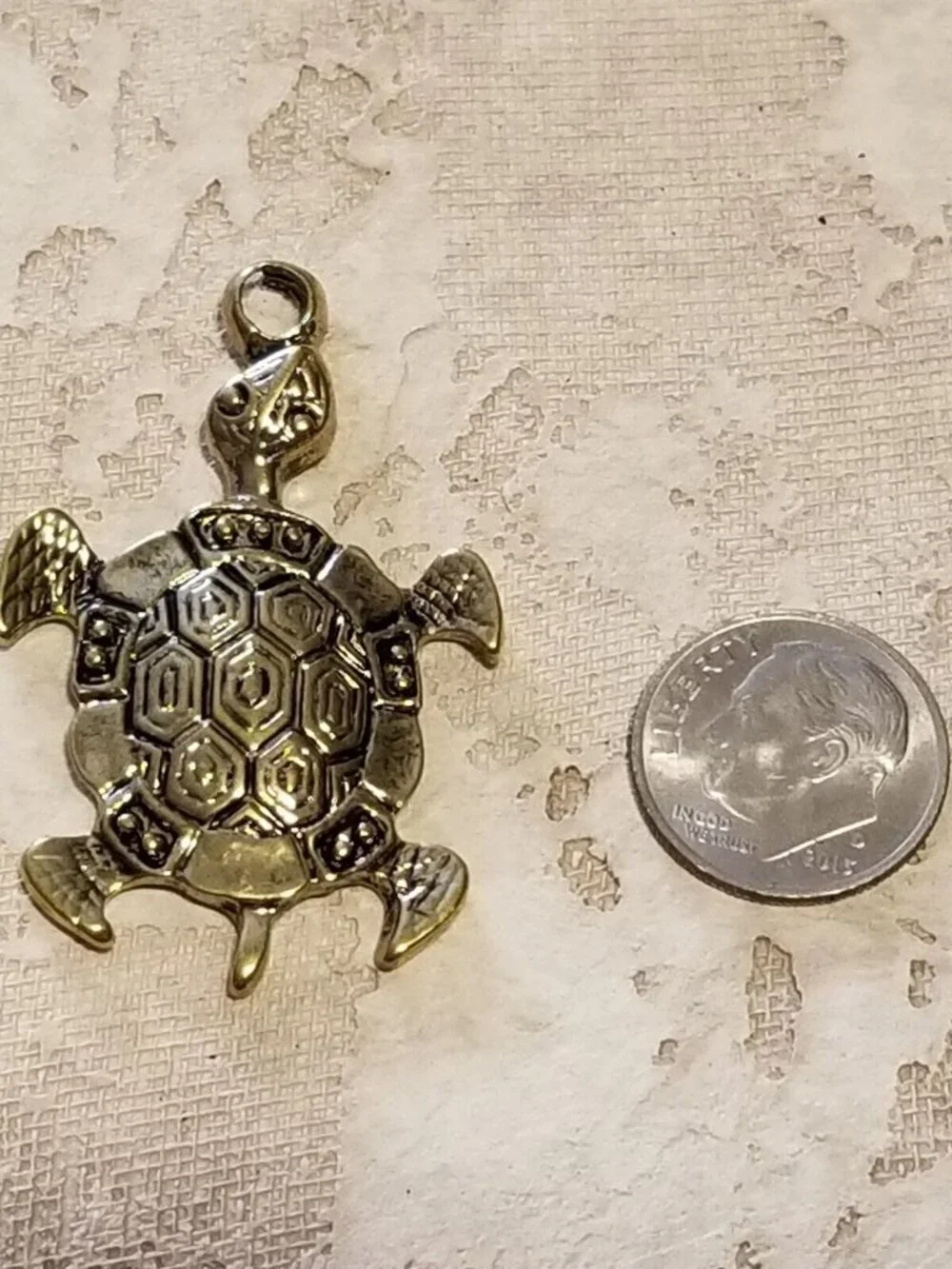 Carved Turtle Tortoise Pendant Antiqued Gold Plated Pewter 39x28mm